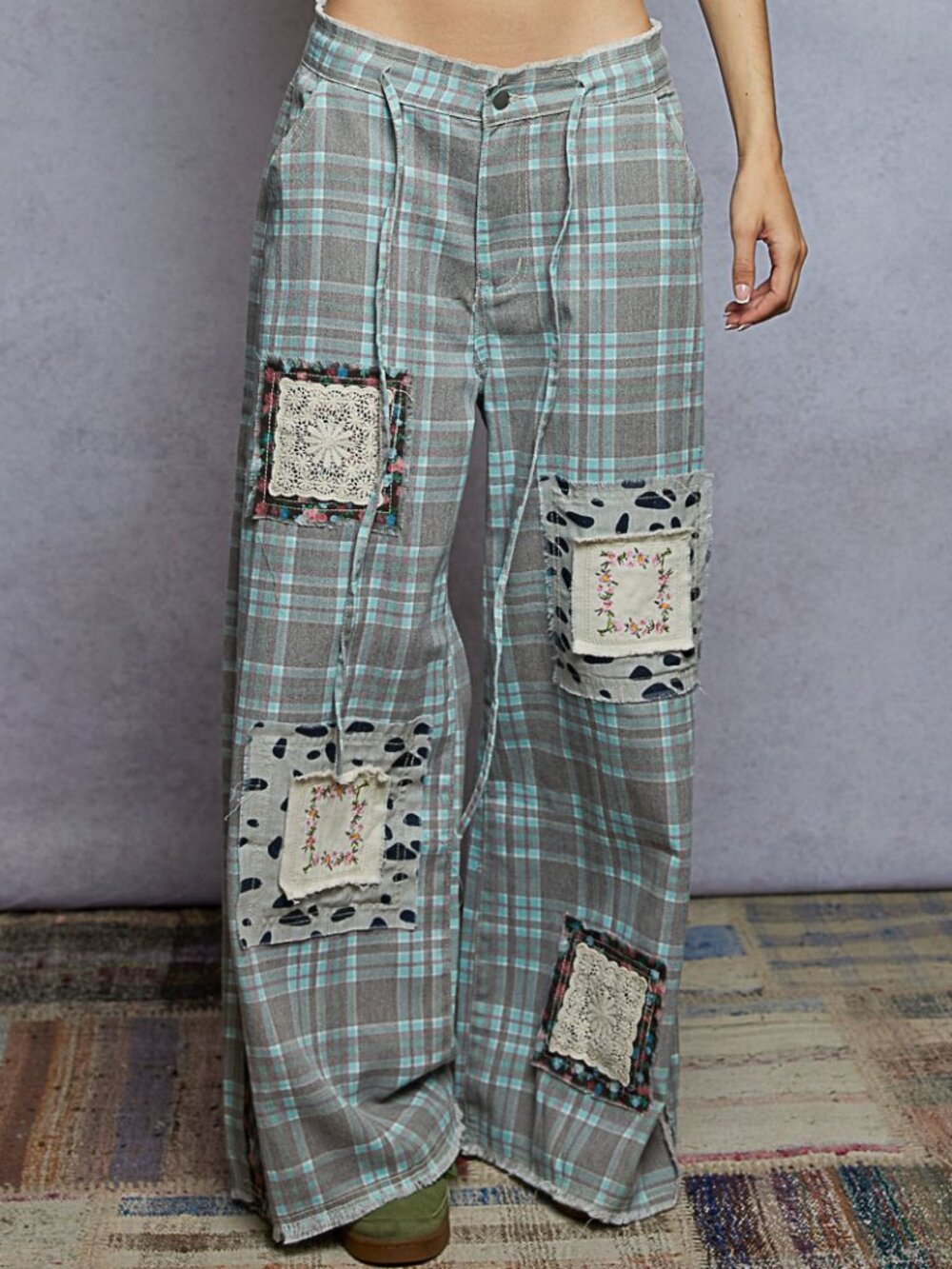 POL WIDE LEG OLIVE PLAID PANTS